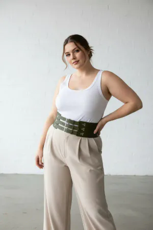 Plus Size Khaki Women's Leather Corset Belt, Thick Waist Accessory with Three Straps - APFT827