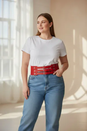 Plus Size Red Women's Belt Corset Model Wide Waist Multi-Buckle Leather - APFT827