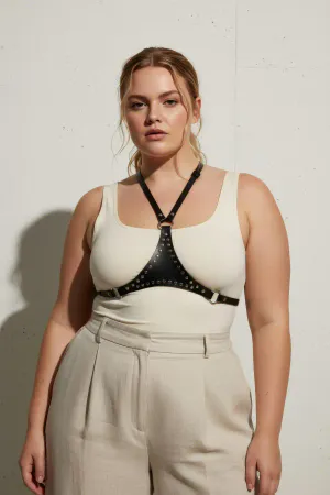 Plus Size Black Women's Belt Studded Leather Body Harness Accessory - APFT850