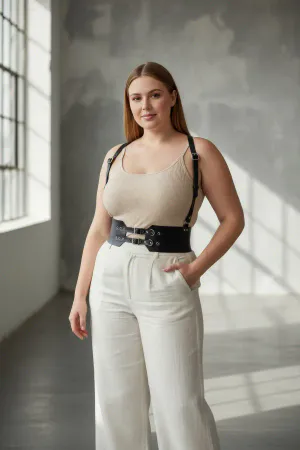 Plus Size Black Women's Leather Belt with Wide Corset Look Shoulder Strap - APFT853