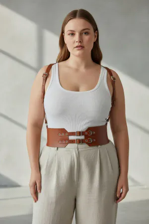 Plus Size Tan Women's Leather Belt Suspender Corset Style Double Buckle - APFT853