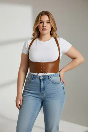 Plus Size Tan Women's Leather Belt Shoulder Strap Lace Up Corset Design - APFT855