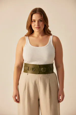 Plus Size Khaki Women's Belt Wide Waist Corsage with Double Buckle Detail - APFT875