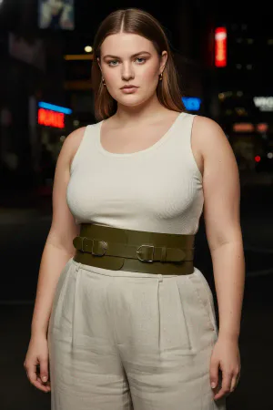 Plus Size Khaki Women's Belt Wide Waist Corsage with Double Buckle Detail - APFT875