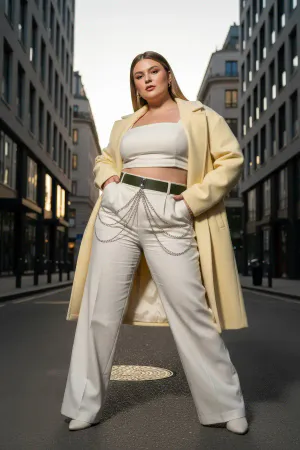 Plus Size Khaki Women's Leather Belt with Chain Detail Complementing the Combination - APFT904