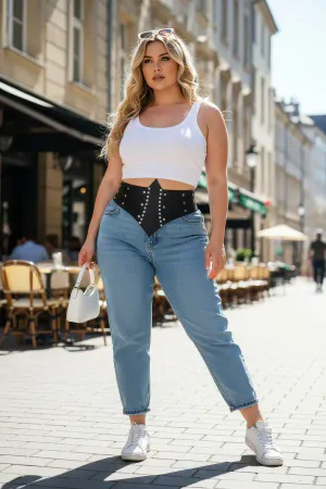 Plus Size Black Women's Corset Belt, Wide and Eyelet Detailed - APFT905