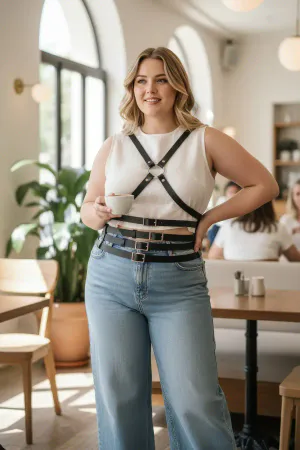 Plus Size Black Women's Leather Belt Cross Strap Body Harness Body Accessory - APFT911