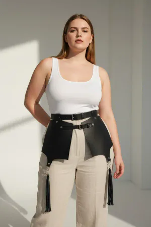 Plus Size Black Leather Belt Corset Style Skirt Detailed with Tassels - APFT985