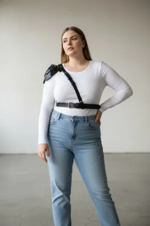 Large Size Black Women's Belt, Genuine Leather Combination Accessory with Shoulder Harness Detail - APFT1033