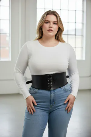 Plus Size Black Women's Belt Lace-up Corset Detailed Dress Combination - APFT1127