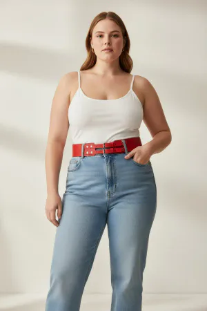 Plus Size Red Women's Wide Belt with Double Buckle Leather Combination Complement - APFT1203