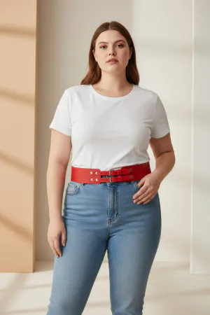 Plus Size Red Women's Wide Belt with Double Buckle Leather Combination Complement - APFT1203