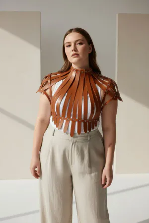 Plus Size Tan Women's Belt Shoulder Strap Staple Detailed Corset Design - APFT1257