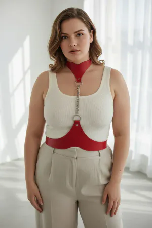 Plus Size Red Women's Belt Chain Detailed Leather Body Accessory - APFT1265