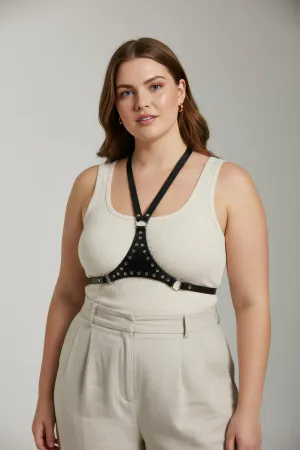 Plus Size Black Women's Belt & Ring Detailed Leather Body Accessory - APFT1279