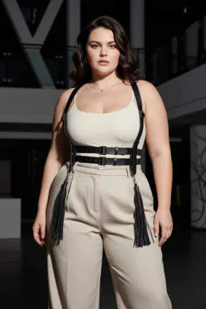 Plus Size Black Women's Belt Suspender Corset Style Leather Body Accessory with Tassel Detail - APFT1393