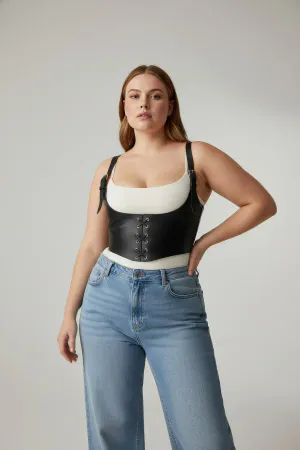 Plus Size Black Women's Belt Lace-Up Corset Detailed Leather Look - APFT1428
