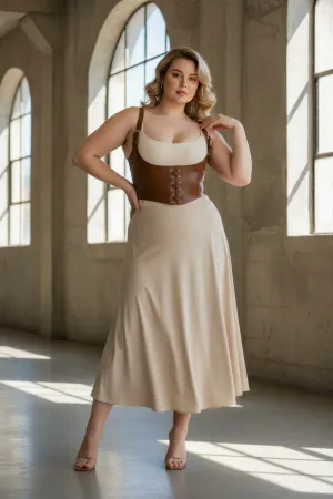 Plus Size Tan Women's Leather Corset with Belt and Shoulder Straps - APFT1428