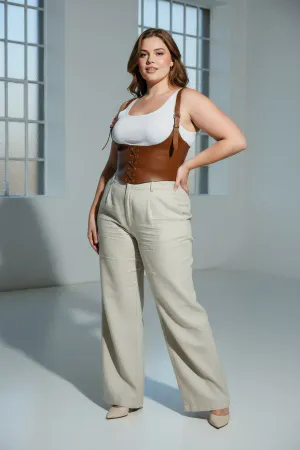 Plus Size Tan Women's Leather Corset with Belt and Shoulder Straps - APFT1428