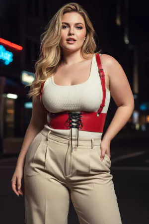 Plus Size Red Women's Leather Suspender Corset Belt Lace-Up Model - APFT1429