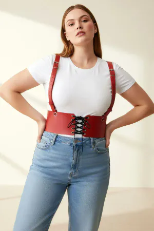 Plus Size Red Women's Leather Suspender Corset Belt Lace-Up Model - APFT1429