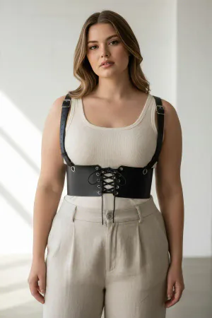 Plus Size Black Women's Leather Belt Shoulder Strap Lace-Up Corset - APFT1429