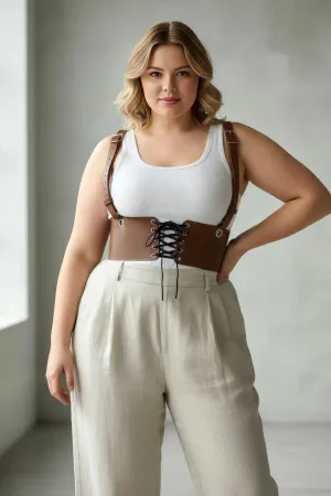 Plus Size Tan Women's Corset Belt with Shoulder Straps and Lace Detail - APFT1429