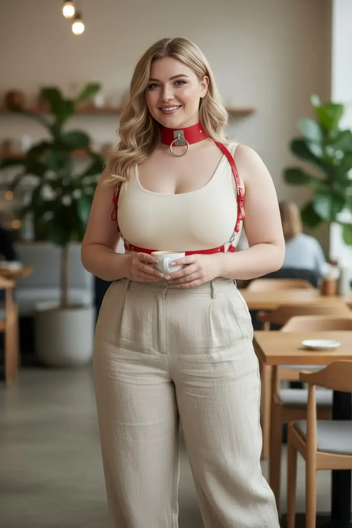Red Harness Bra with O-Ring Choker & Waist Belt